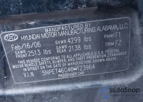 2006 Hyundai Sonata Gl из США, поврежденный, VIN 5NPET46C46H123964